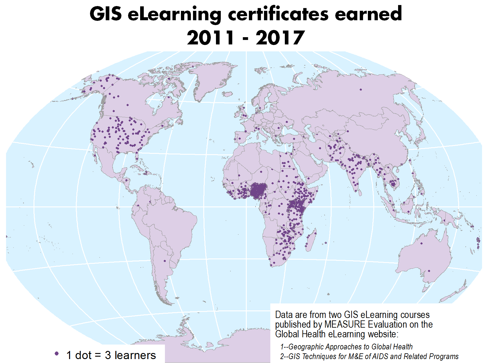 World map showing locations of GIS trainees and of numbers of web hits to GIS section of MEASURE website.